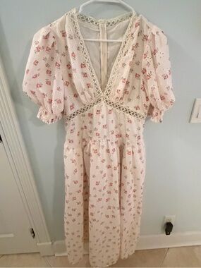 SHEIN Cream Midi Dress with Pink Floral Print